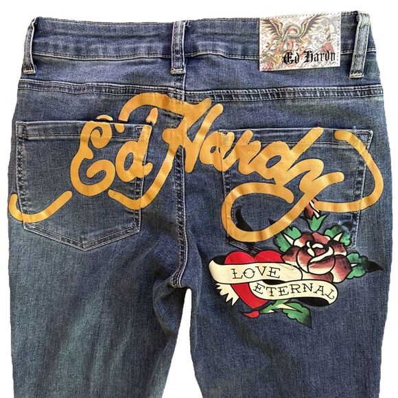 Ed Hardy Embroidered True Love Flare Jeans Womens 26 Love Eternal Spellout NEW - Picture 2 of 15